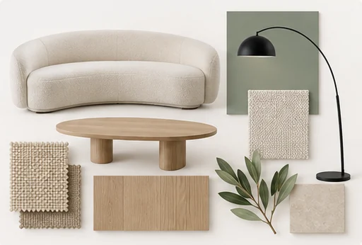 Muestras de un sofá curvo, una mesa de madera, una lámpara de arco, tejidos y acabados.