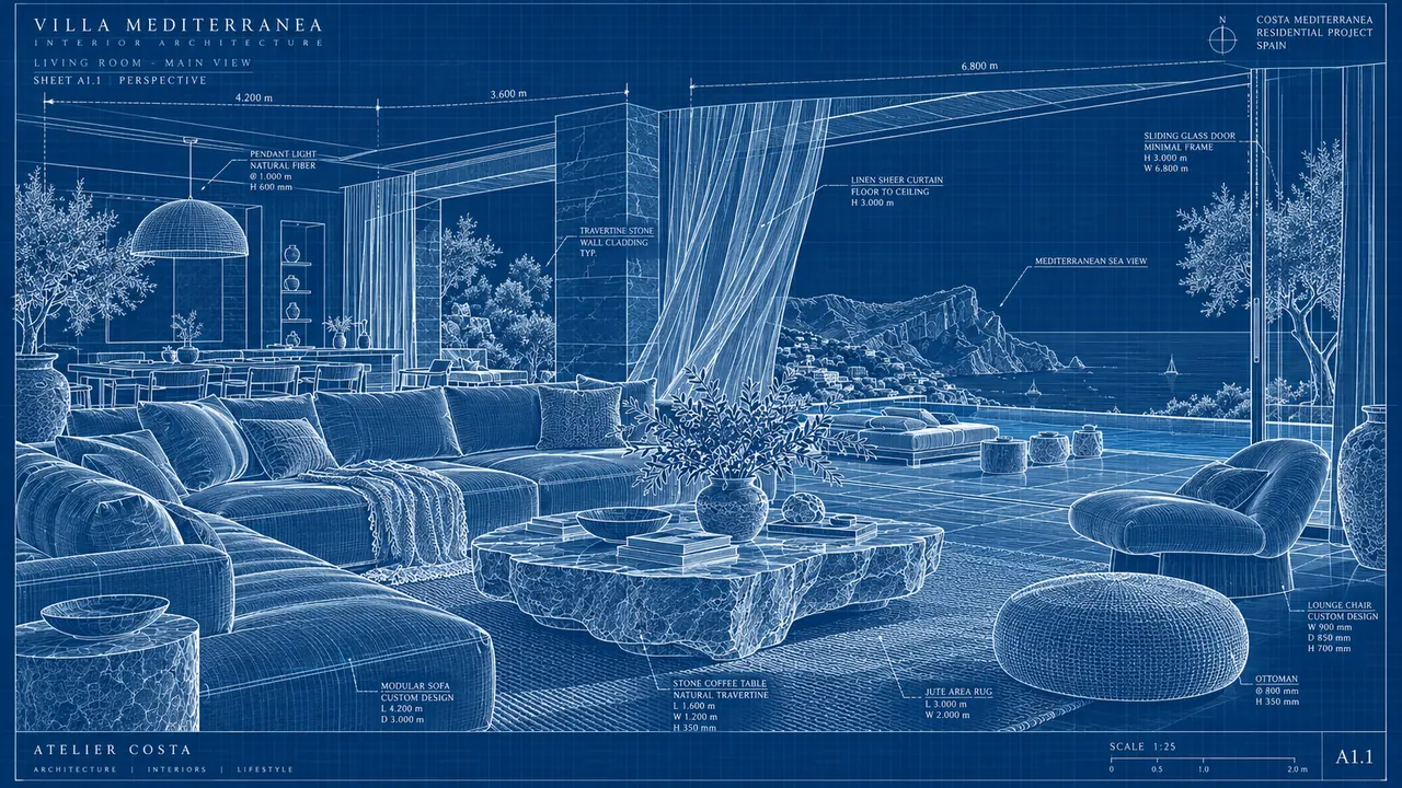 Fase 2, plano: el mismo salón en un plano azul, con medidas y notas de materiales.