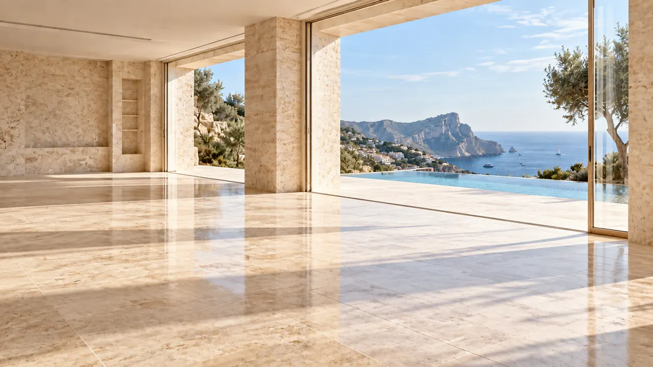 Fase 3, estancia vacía: el salón real, sin muebles, con suelo de travertino, columnas de piedra y vistas al mar.