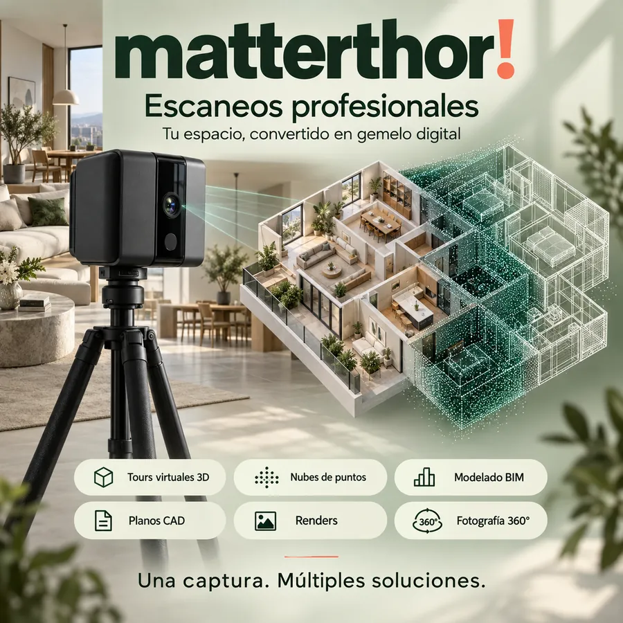 Escáner 3D sobre trípode junto a la maqueta digital de una vivienda.