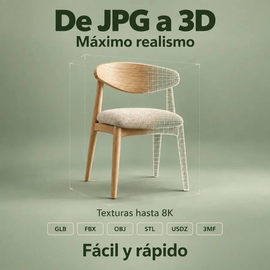 Una silla de madera convertida en modelo 3D, con texturas hasta 8K y varios formatos de descarga.