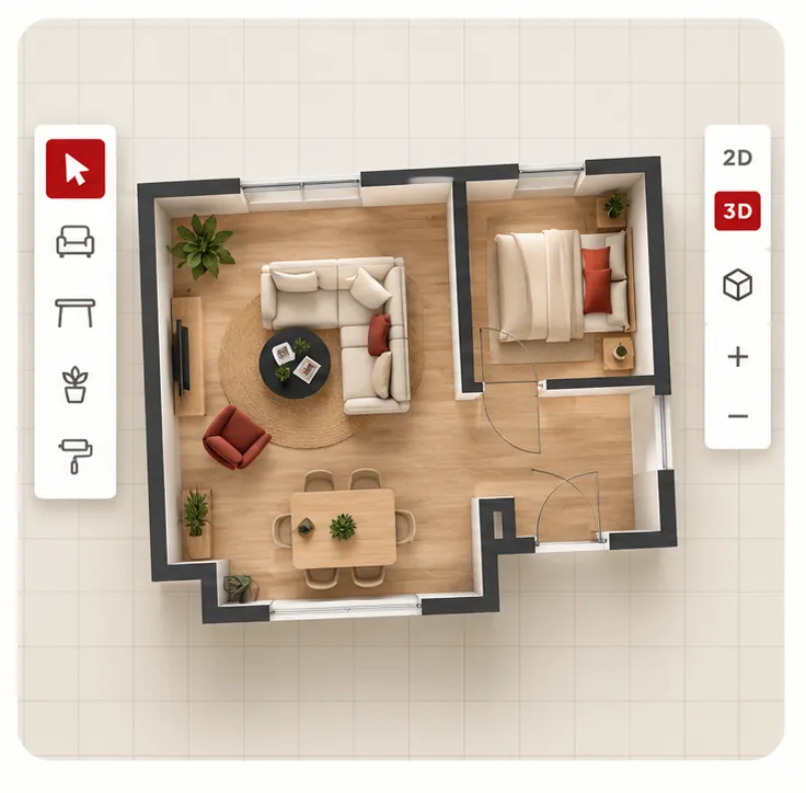 Vista superior de un plano amueblado con salón, comedor y dormitorio.