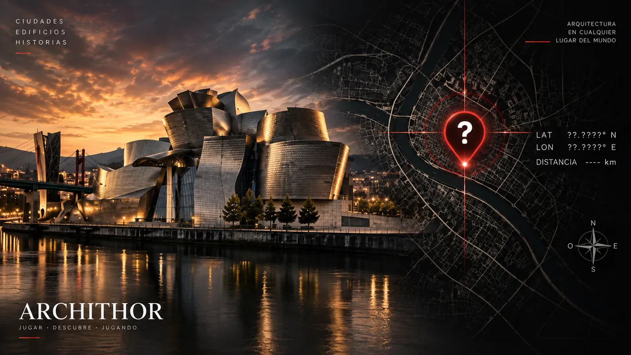 ARCHITHOR: a titanium museum by the estuary at sunset and a map with a question mark.
