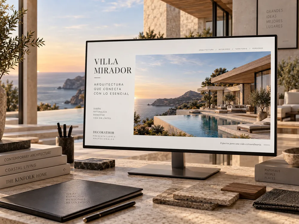 A dossier cover, “Villa Mirador”, displayed on a monitor on a desk.