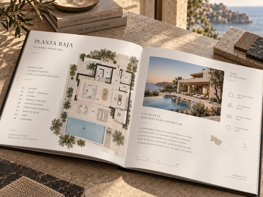 The ground-floor page of a dossier, with the floor plan and the pool.