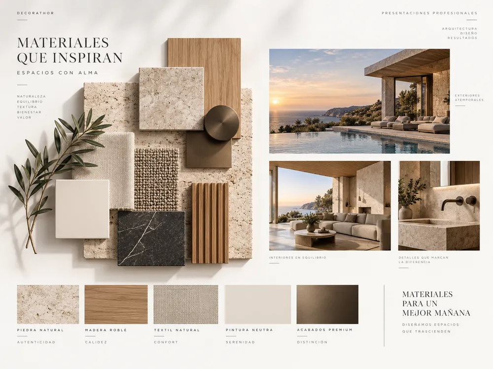 A materials page with stone, wood and fabric samples.