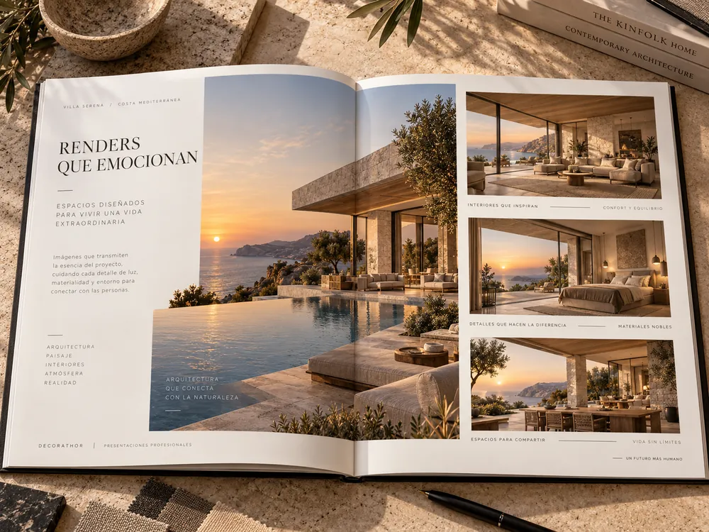 The “Renders that move you” page, with several images of a seaside villa.