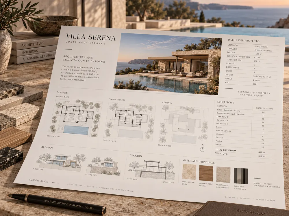 The “Villa Serena” technical sheet, with floor plans, elevations and a schedule of areas.