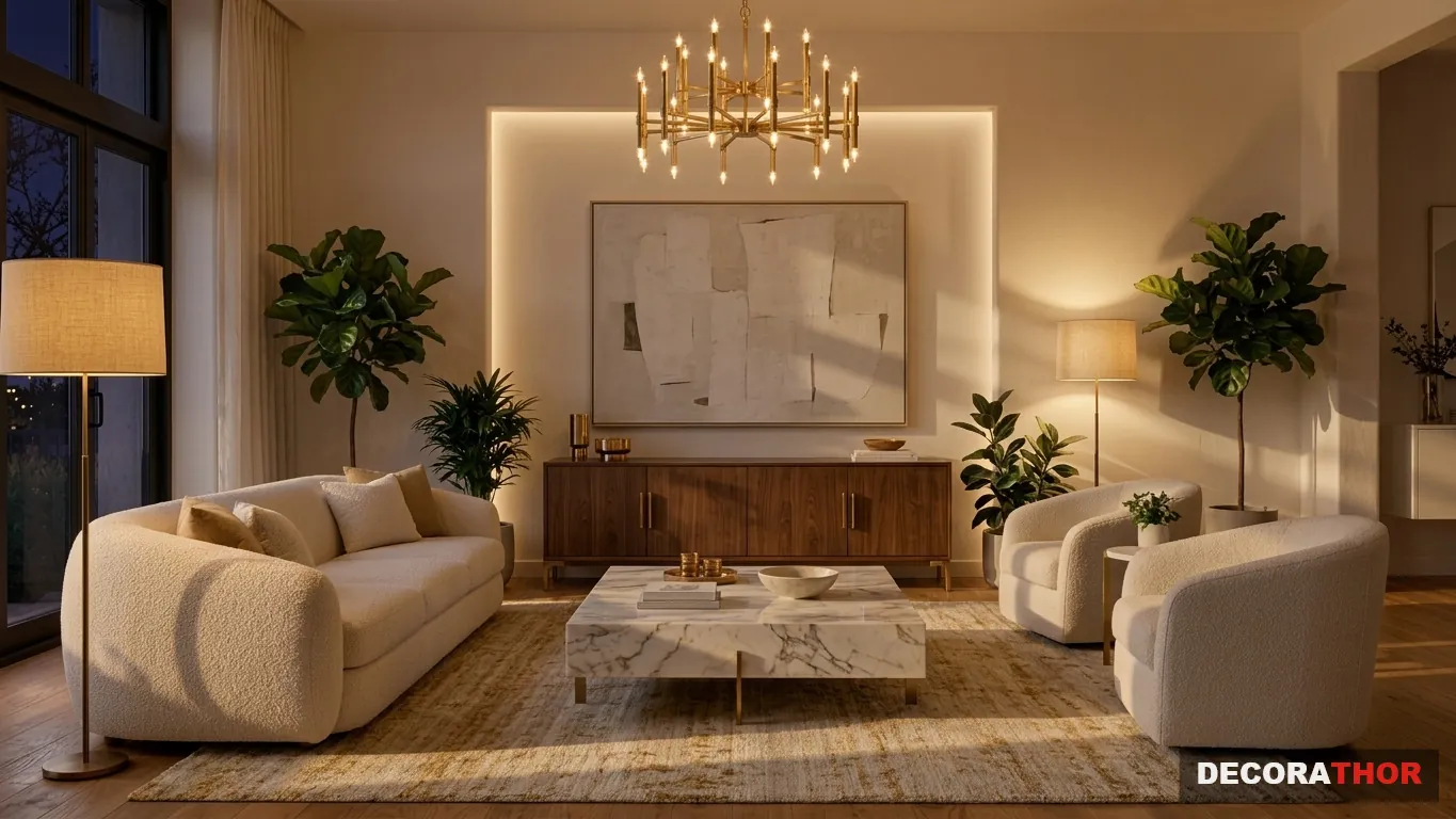 After: the same living room with curved sofas, a marble table, a chandelier and warm lighting.