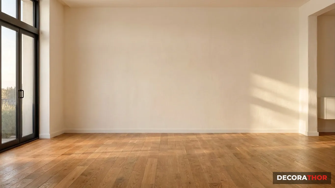 Before: an empty living room with a wooden floor and white walls.