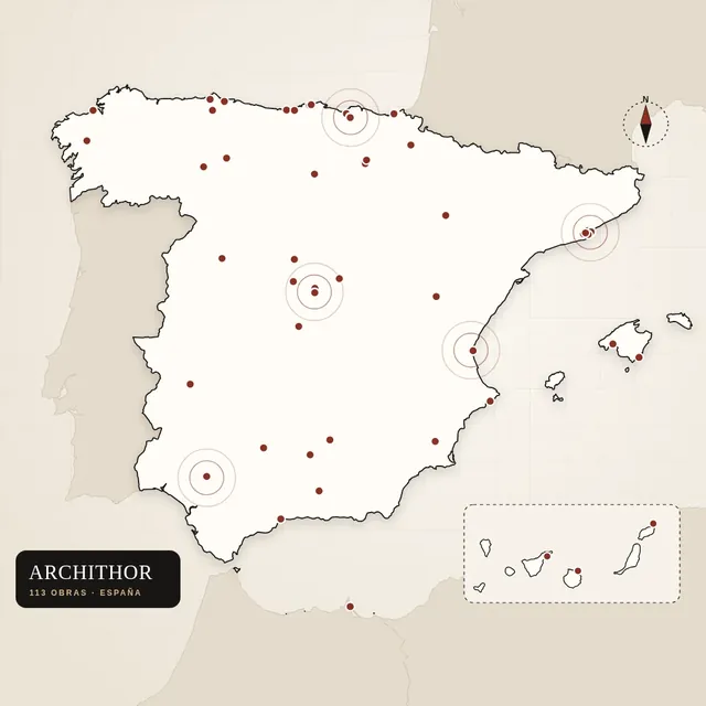 A map of Spain with over a hundred works of architecture marked.