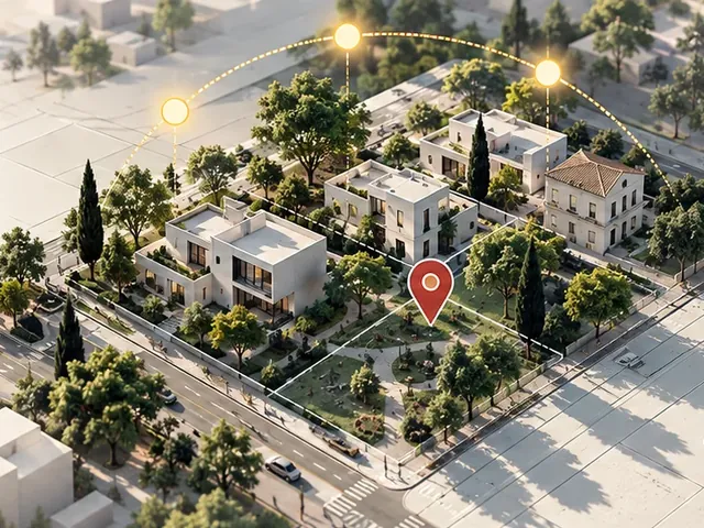 A scale model of a neighbourhood with the sun’s path and a study point marked in red.