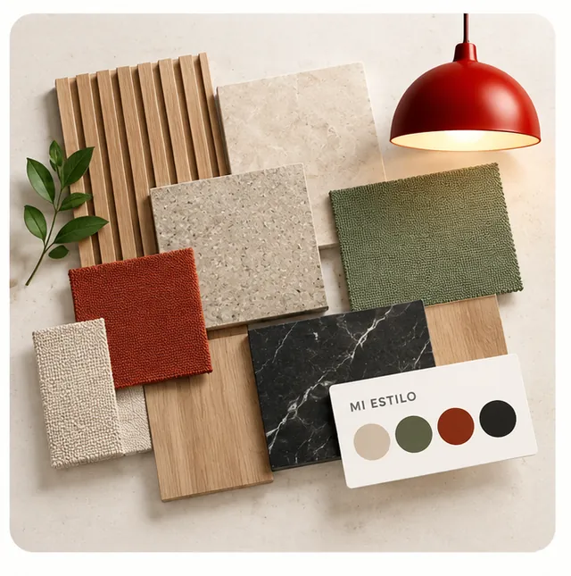 Wood, stone and fabric samples next to a red lamp.
