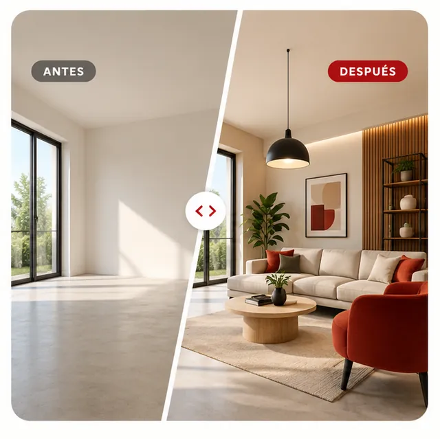 The same room before, empty, and after, decorated with a sofa, a lamp and warm tones.