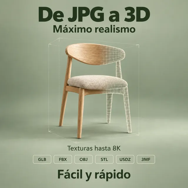 A wooden chair turned into a 3D model, with textures up to 8K and its download formats.
