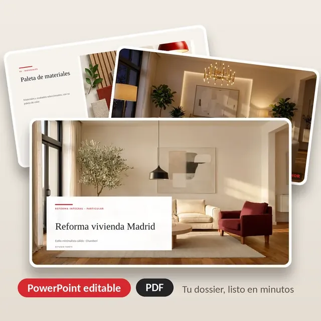 Three pages of an interior design dossier, ready for PowerPoint or PDF.