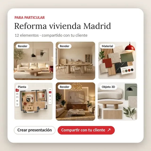 A project with its renders, materials, 3D object and presentation, ready to share.