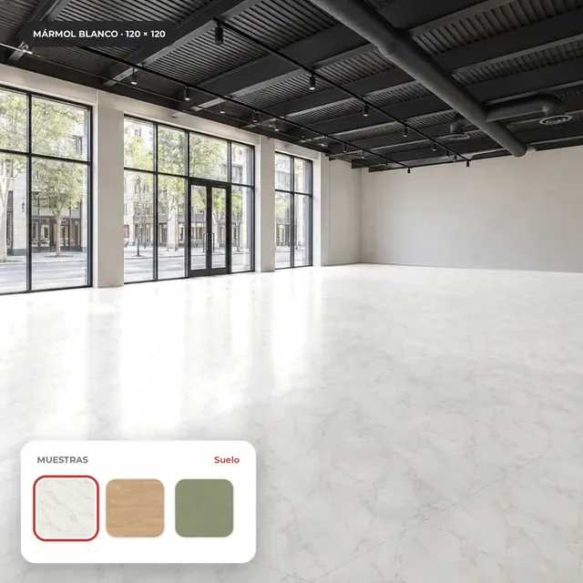 An open-plan commercial space with a white marble floor and a board of material samples.