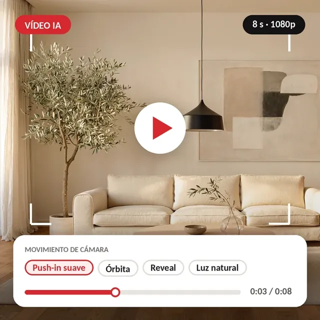A bright living room turned into a video, with push-in, orbit and reveal camera moves.
