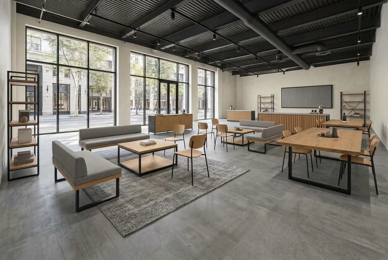 The same loft, furnished: grey sofas, a wooden table, shelving and a rug, each piece on its letter.