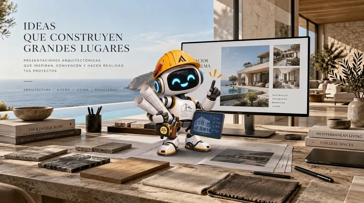 THOR, the DECORATHOR robot, at a desk with material samples and a monitor showing an architecture dossier.